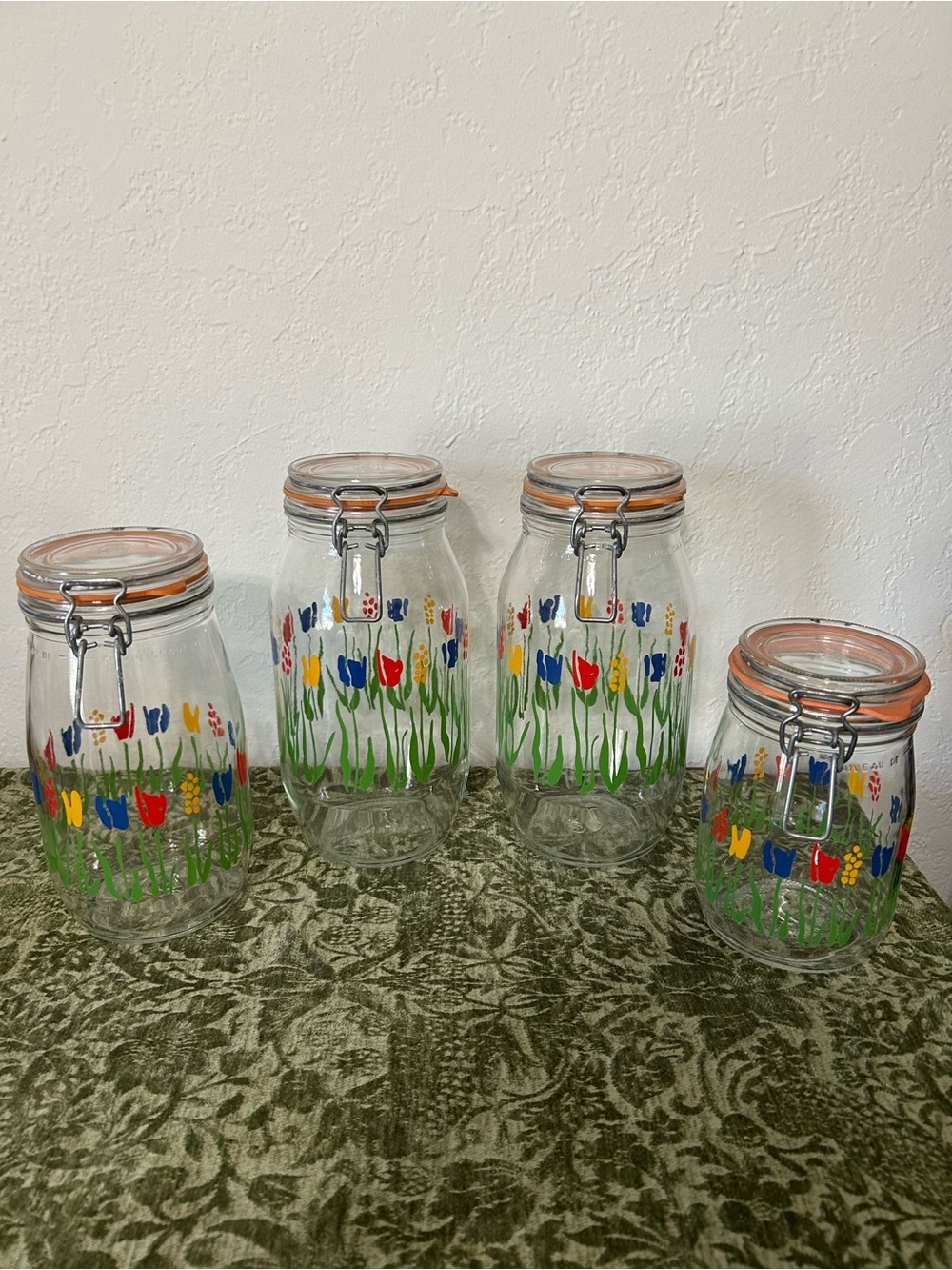 Vintage 1970s ARC France Tulip Floral Glass Canister Jars - Lot of 4